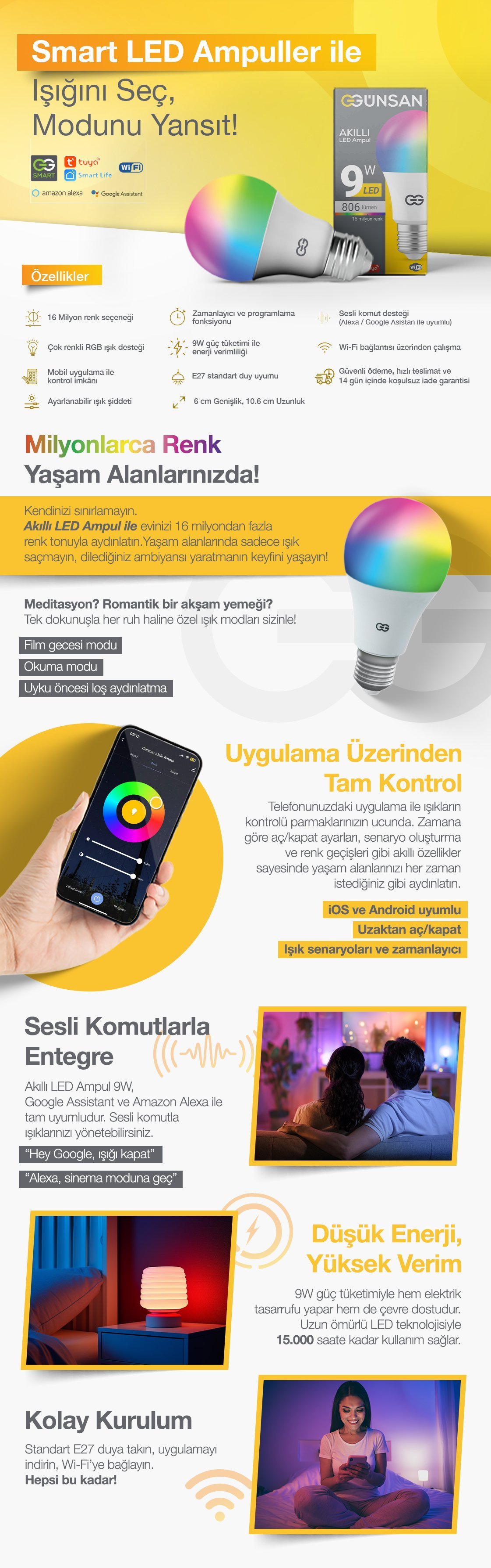 Günsan Akıllı Wifi LED Ampul RGB Çok Renkli Tuya ve Smart Life Uygulama Destekli (9W 2700K-6500K Ayarlanabilir)