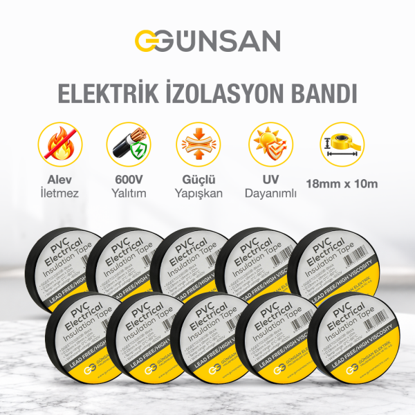 Günsan 10'lu Elektrik İzolasyon Bandı - 18mm x 10 Metre - Güçlü Yapışkanlı - UV ve Neme Dayanıklı - Alev İletmez - 600V PVC İzole Elektrik Bandı  - Siyah (10 Adet)