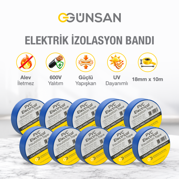 Günsan 10'lu Elektrik İzolasyon Bandı - 18mm x 10 Metre - Güçlü Yapışkanlı - UV ve Neme Dayanıklı - Alev İletmez - 600V PVC İzole Elektrik Bandı  - Mavi (10 Adet)
