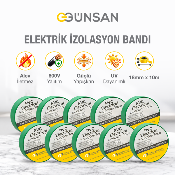 Günsan 10'lu Elektrik İzolasyon Bandı - 18mm x 10 Metre - Güçlü Yapışkanlı - UV ve Neme Dayanıklı - Alev İletmez - 600V PVC İzole Elektrik Bandı  - Yeşil (10 Adet)