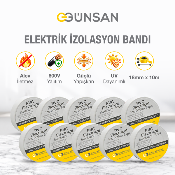 Günsan 10'lu Elektrik İzolasyon Bandı - 18mm x 10 Metre - Güçlü Yapışkanlı - UV ve Neme Dayanıklı - Alev İletmez - 600V PVC İzole Elektrik Bandı  - Beyaz (10 Adet)