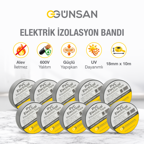 Günsan 10'lu Elektrik İzolasyon Bandı - 18mm x 10 Metre - Güçlü Yapışkanlı - UV ve Neme Dayanıklı - Alev İletmez - 600V PVC İzole Elektrik Bandı  - Gri (10 Adet)