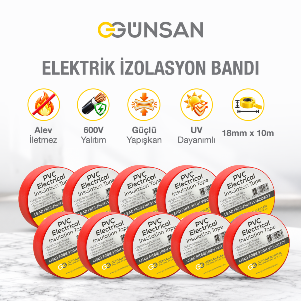 Günsan 10'lu Elektrik İzolasyon Bandı - 18mm x 10 Metre - Güçlü Yapışkanlı - UV ve Neme Dayanıklı - Alev İletmez - 600V PVC İzole Elektrik Bandı  - Kırmızı (10 Adet)