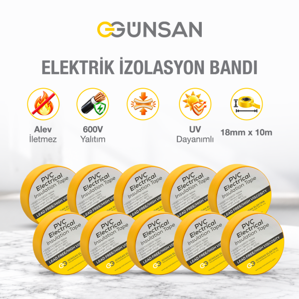 Günsan 10'lu Elektrik İzolasyon Bandı - 18mm x 10 Metre - Güçlü Yapışkanlı - UV ve Neme Dayanıklı - Alev İletmez - 600V PVC İzole Elektrik Bandı  - Sarı (10 Adet)