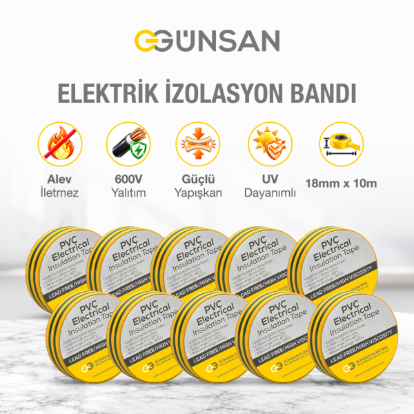 Günsan 10'lu Elektrik İzolasyon Bandı - 18mm x 10 Metre - Güçlü Yapışkanlı - UV ve Neme Dayanıklı - Alev İletmez - 600V PVC İzole Elektrik Bandı  - Sarı-Yeşil (10 Adet)