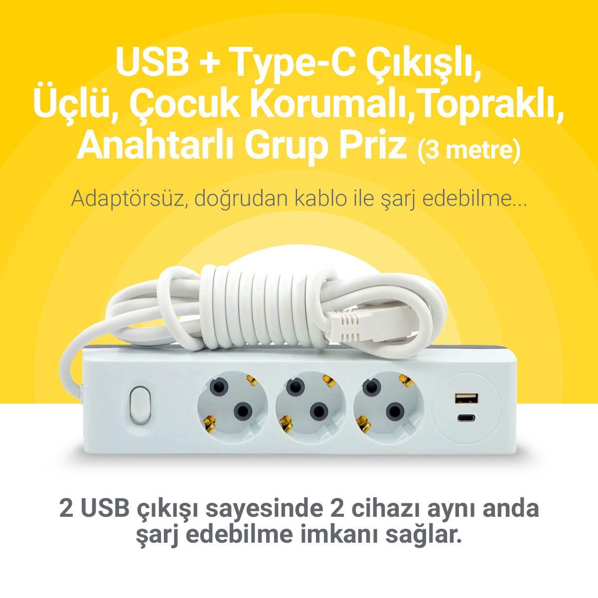 Günsan USB + Type-C Çıkışlı QC3.0 + PD Hızlı Şarj Özellikli Üçlü Çocuk Korumalı Topraklı Anahtarlı Grup Priz 3 Metre