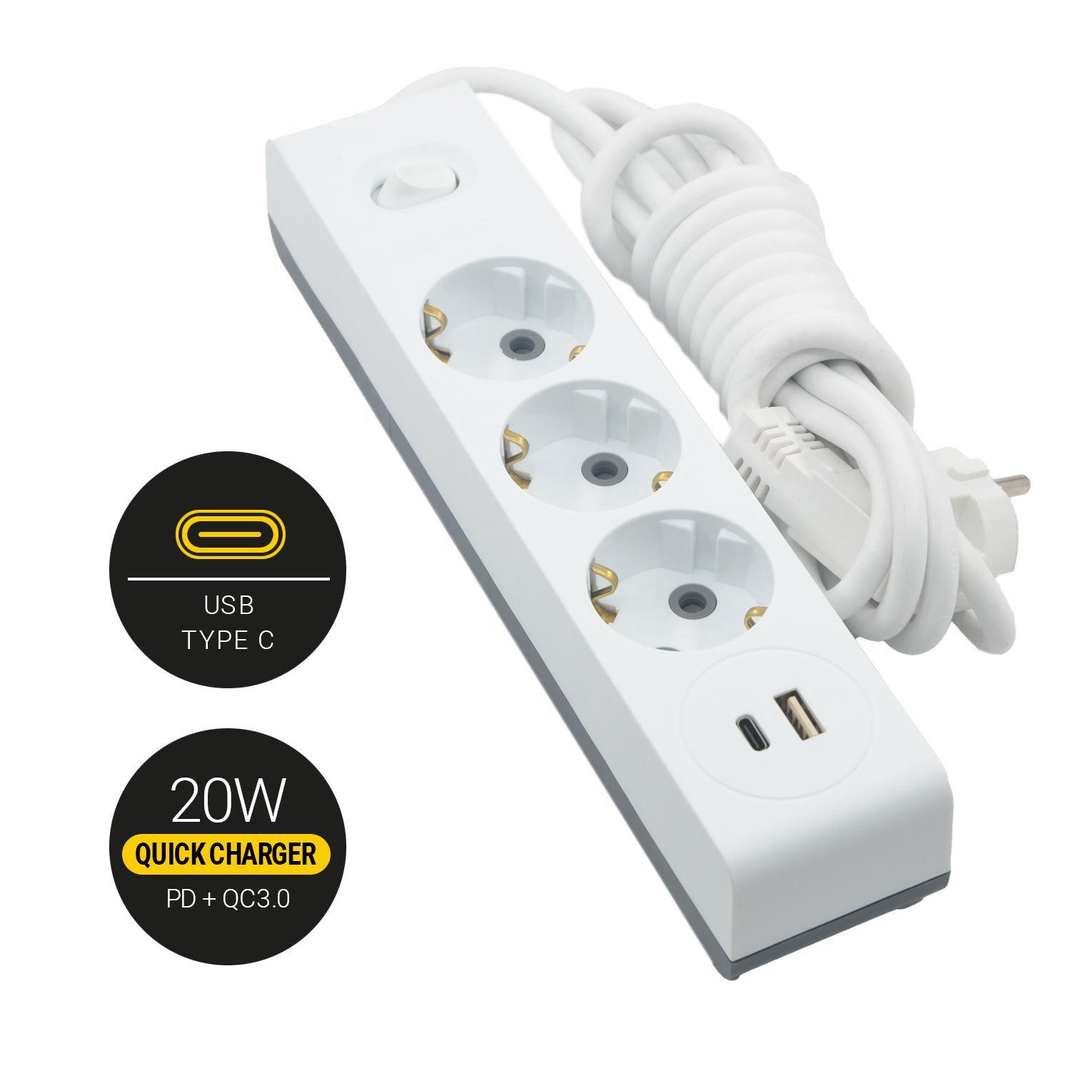 Günsan USB + Type-C Çıkışlı QC3.0 + PD Hızlı Şarj Özellikli Üçlü Çocuk Korumalı Topraklı Anahtarlı Grup Priz 3 Metre