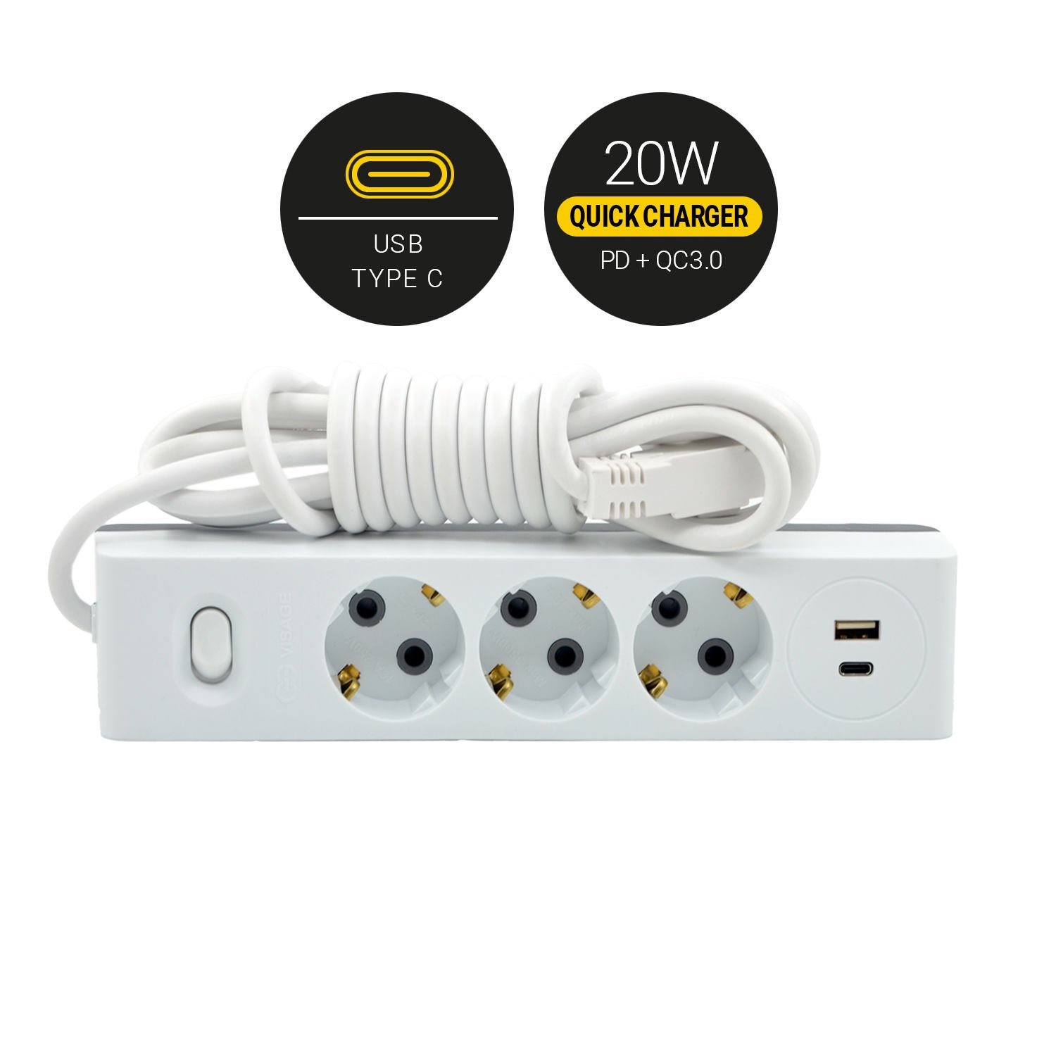 Günsan USB + Type-C Çıkışlı QC3.0 + PD Hızlı Şarj Özellikli Üçlü Çocuk Korumalı Topraklı Anahtarlı Grup Priz 3 Metre