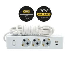 Günsan 20W QC3.0 PD Type-C + USB Çift Çıkışlı Üçlü Çocuk Korumalı Topraklı Anahtarlı Grup Priz 3 Metre