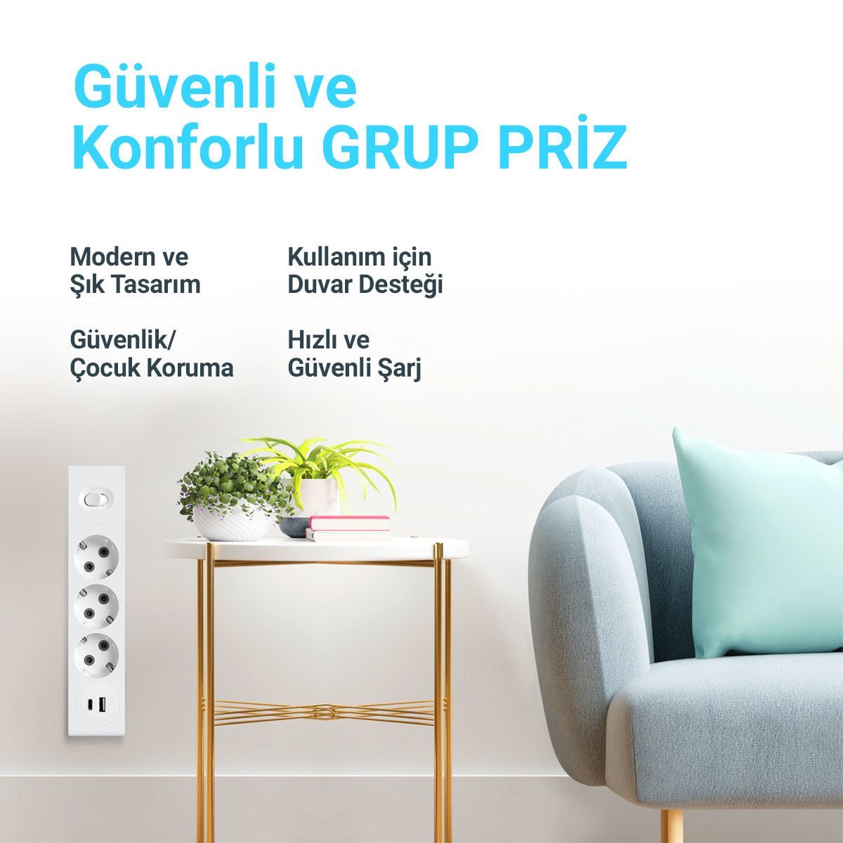 Günsan USB + Type-C Çıkışlı QC3.0 + PD Hızlı Şarj Özellikli Üçlü Çocuk Korumalı Topraklı Anahtarlı Grup Priz 3 Metre