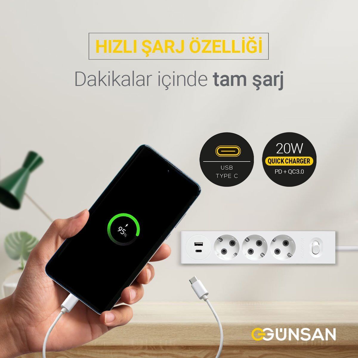 Günsan 20W QC3.0 PD Type-C + USB Çift Çıkışlı Üçlü Çocuk Korumalı Topraklı Anahtarlı Grup Priz 3 Metre