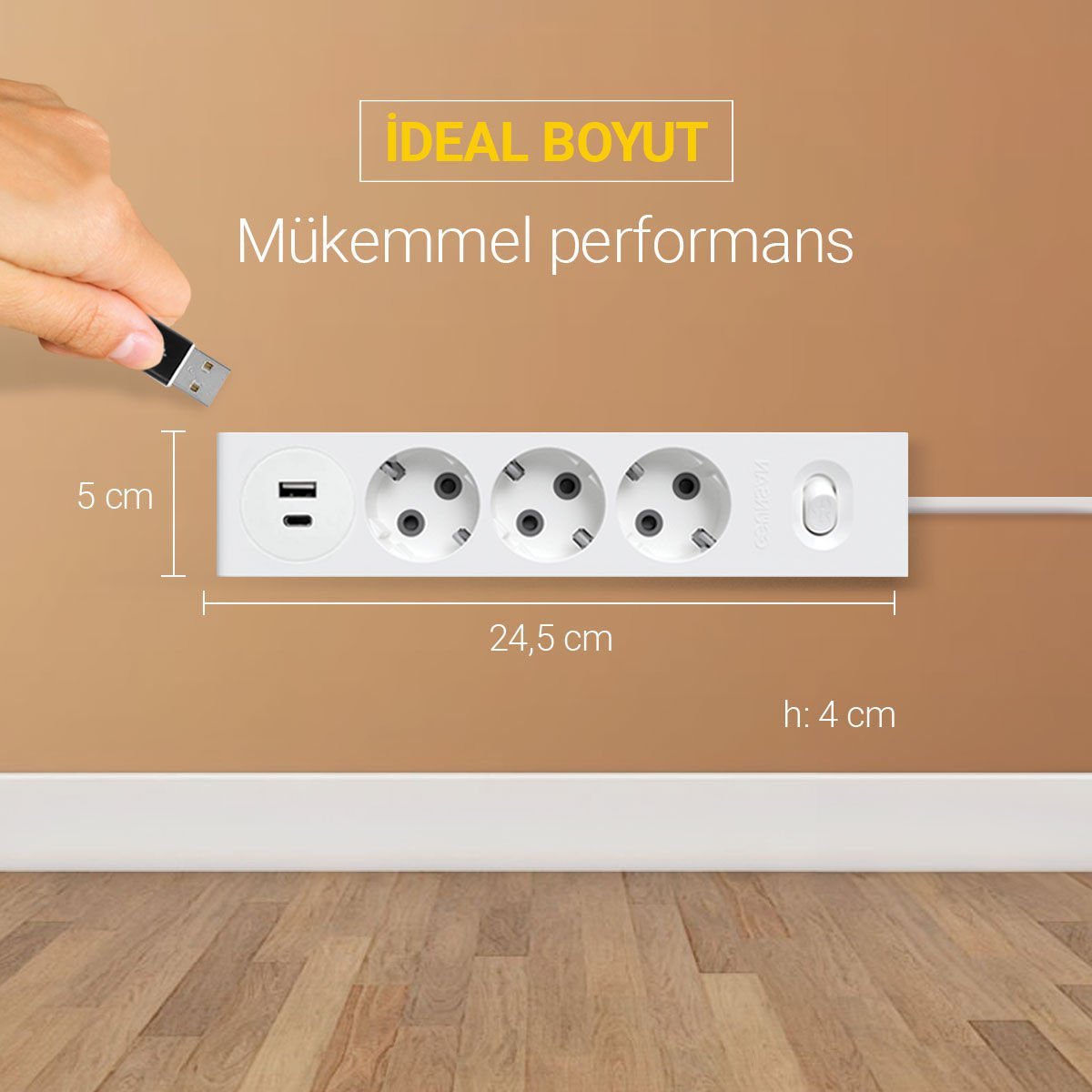 Günsan USB + Type-C Çıkışlı QC3.0 + PD Hızlı Şarj Özellikli Üçlü Çocuk Korumalı Topraklı Anahtarlı Grup Priz 3 Metre