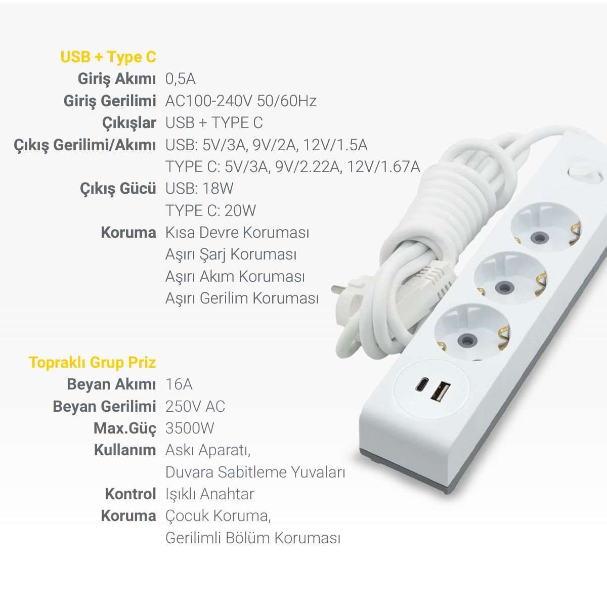 Günsan USB + Type-C Çıkışlı QC3.0 + PD Hızlı Şarj Özellikli Üçlü Çocuk Korumalı Topraklı Anahtarlı Grup Priz 3 Metre