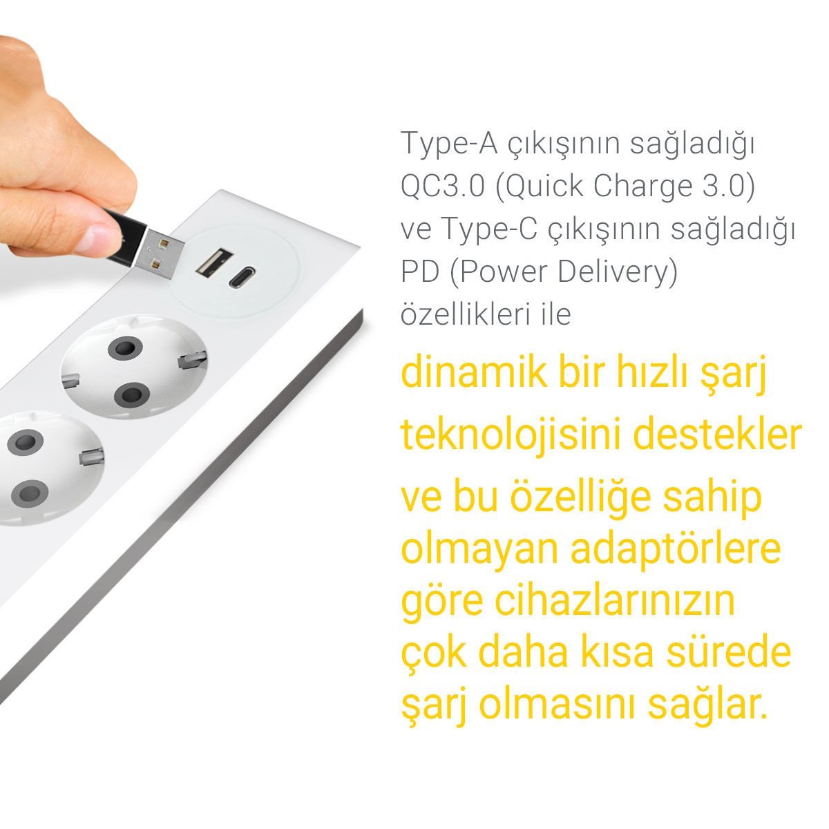 Günsan USB + Type-C Çıkışlı QC3.0 + PD Hızlı Şarj Özellikli Üçlü Çocuk Korumalı Topraklı Anahtarlı Grup Priz 3 Metre