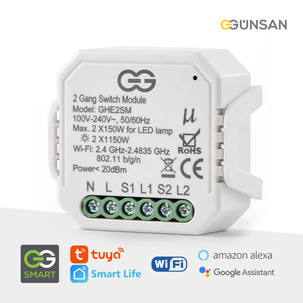 Günsan Akıllı WiFi Nötrlü Komütatör Röle 2 Kanal (İkili Anahtar Modülü) Tuya & Smart Life Uyumlu
