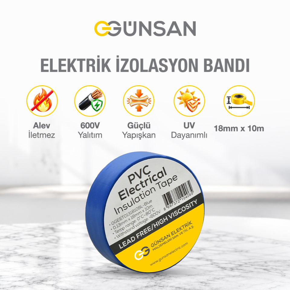 Günsan Tekli Elektrik İzolasyon Bandı - 18mm x 10 Metre - Güçlü Yapışkanlı - UV ve Neme Dayanıklı - Alev İletmez - 600V PVC İzole Elektrik Bandı  - Mavi (1 Adet)