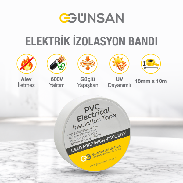 Günsan Tekli Elektrik İzolasyon Bandı - 18mm x 10 Metre - Güçlü Yapışkanlı - UV ve Neme Dayanıklı - Alev İletmez - 600V PVC İzole Elektrik Bandı  - Beyaz (1 Adet)