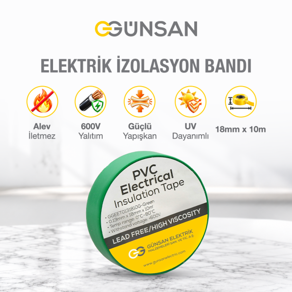 Günsan Tekli Elektrik İzolasyon Bandı - 18mm x 10 Metre - Güçlü Yapışkanlı - UV ve Neme Dayanıklı - Alev İletmez - 600V PVC İzole Elektrik Bandı  - Yeşil (1 Adet)