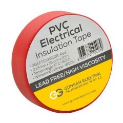 Günsan Tekli Elektrik İzolasyon Bandı - 18mm x 10 Metre - Güçlü Yapışkanlı - UV ve Neme Dayanıklı - Alev İletmez - 600V PVC İzole Elektrik Bandı  - Kırmızı (1 Adet)