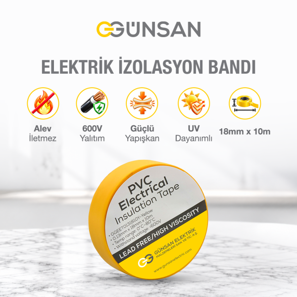 Günsan Tekli Elektrik İzolasyon Bandı - 18mm x 10 Metre - Güçlü Yapışkanlı - UV ve Neme Dayanıklı - Alev İletmez - 600V PVC İzole Elektrik Bandı  - Sarı (1 Adet)