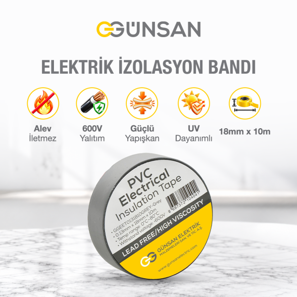 Günsan Tekli Elektrik İzolasyon Bandı - 18mm x 10 Metre - Güçlü Yapışkanlı - UV ve Neme Dayanıklı - Alev İletmez - 600V PVC İzole Elektrik Bandı  - Gri (1 Adet)