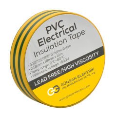 Günsan Tekli Elektrik İzolasyon Bandı - 18mm x 10 Metre - Güçlü Yapışkanlı - UV ve Neme Dayanıklı - Alev İletmez - 600V PVC İzole Elektrik Bandı  - Sarı - Yeşil (1 Adet)
