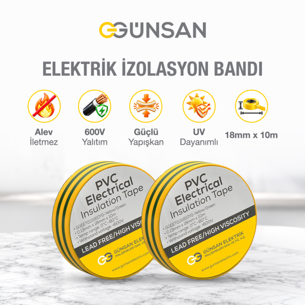 Günsan 2'li Elektrik İzolasyon Bandı - 18mm x 10 Metre - Güçlü Yapışkanlı - UV ve Neme Dayanıklı - Alev İletmez - 600V PVC İzole Elektrik Bandı  - Sarı - Yeşil (2 Adet)