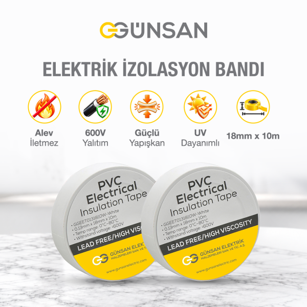 Günsan 2'li Elektrik İzolasyon Bandı - 18mm x 10 Metre - Güçlü Yapışkanlı - UV ve Neme Dayanıklı - Alev İletmez - 600V PVC İzole Elektrik Bandı  - Beyaz (2 Adet)