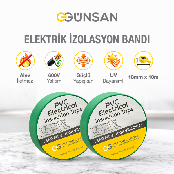 Günsan 2'li Elektrik İzolasyon Bandı - 18mm x 10 Metre - Güçlü Yapışkanlı - UV ve Neme Dayanıklı - Alev İletmez - 600V PVC İzole Elektrik Bandı  -  Yeşil (2 Adet)