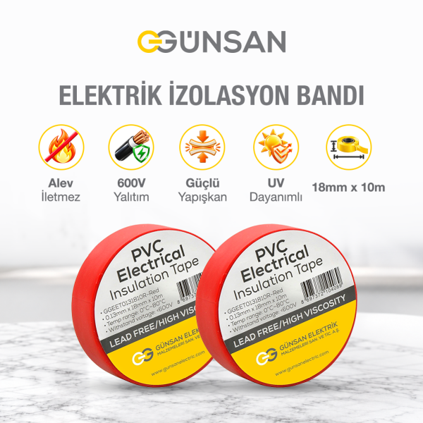 Günsan 2'li Elektrik İzolasyon Bandı - 18mm x 10 Metre - Güçlü Yapışkanlı - UV ve Neme Dayanıklı - Alev İletmez - 600V PVC İzole Elektrik Bandı  - Kırmızı (2 Adet)