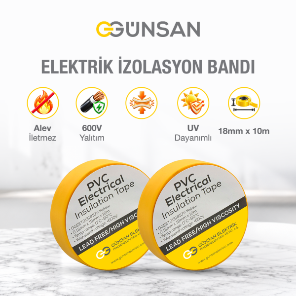 Günsan 2'li Elektrik İzolasyon Bandı - 18mm x 10 Metre - Güçlü Yapışkanlı - UV ve Neme Dayanıklı - Alev İletmez - 600V PVC İzole Elektrik Bandı  - Sarı (2 Adet)