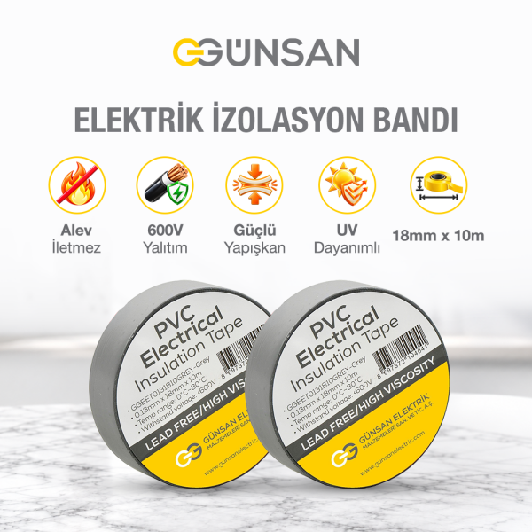 Günsan 2'li Elektrik İzolasyon Bandı - 18mm x 10 Metre - Güçlü Yapışkanlı - UV ve Neme Dayanıklı - Alev İletmez - 600V PVC İzole Elektrik Bandı  - Gri (2 Adet)