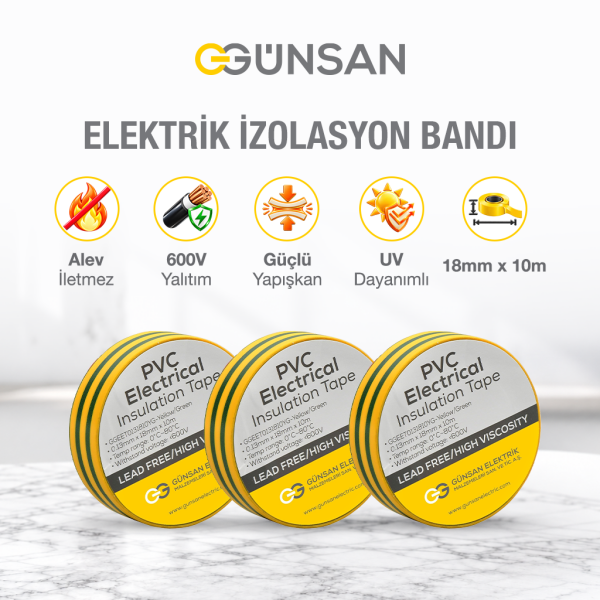 Günsan 3'lü Elektrik İzolasyon Bandı - 18mm x 10 Metre - Güçlü Yapışkanlı - UV ve Neme Dayanıklı - Alev İletmez - 600V PVC İzole Elektrik Bandı  - Sarı - Yeşil (3 Adet)