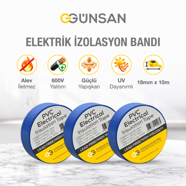 Günsan 3'lü Elektrik İzolasyon Bandı - 18mm x 10 Metre - Güçlü Yapışkanlı - UV ve Neme Dayanıklı - Alev İletmez - 600V PVC İzole Elektrik Bandı  - Mavi (3 Adet)