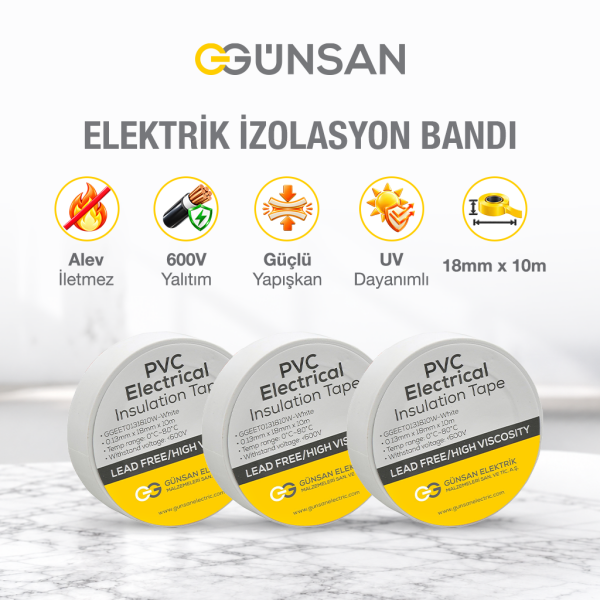Günsan 3'lü Elektrik İzolasyon Bandı - 18mm x 10 Metre - Güçlü Yapışkanlı - UV ve Neme Dayanıklı - Alev İletmez - 600V PVC İzole Elektrik Bandı  - Beyaz (3 Adet)