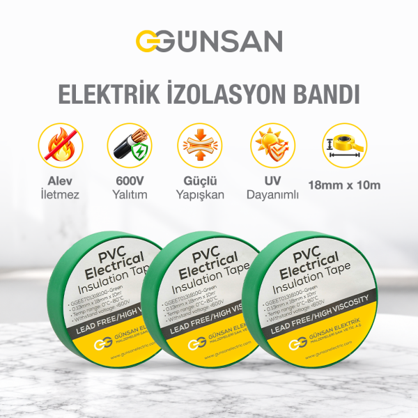 Günsan 3'lü Elektrik İzolasyon Bandı - 18mm x 10 Metre - Güçlü Yapışkanlı - UV ve Neme Dayanıklı - Alev İletmez - 600V PVC İzole Elektrik Bandı  -  Yeşil (3 Adet)