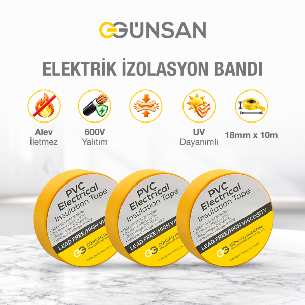 Günsan 3'lü Elektrik İzolasyon Bandı - 18mm x 10 Metre - Güçlü Yapışkanlı - UV ve Neme Dayanıklı - Alev İletmez - 600V PVC İzole Elektrik Bandı  - Sarı (3 Adet)