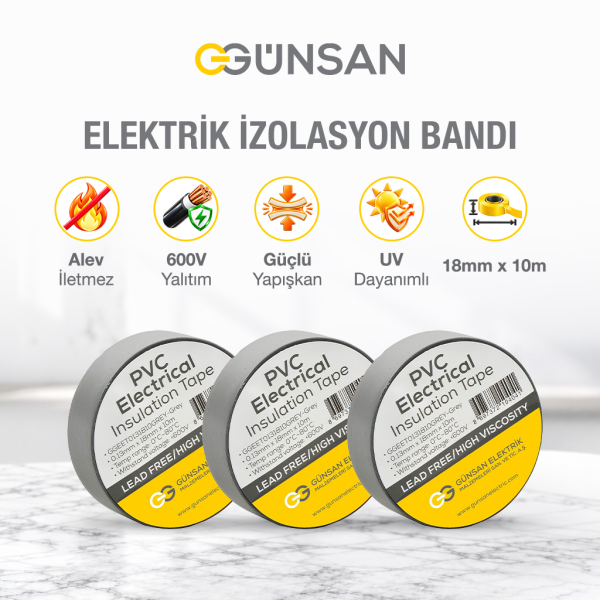 Günsan 3'lü Elektrik İzolasyon Bandı - 18mm x 10 Metre - Güçlü Yapışkanlı - UV ve Neme Dayanıklı - Alev İletmez - 600V PVC İzole Elektrik Bandı  - Gri (3 Adet)