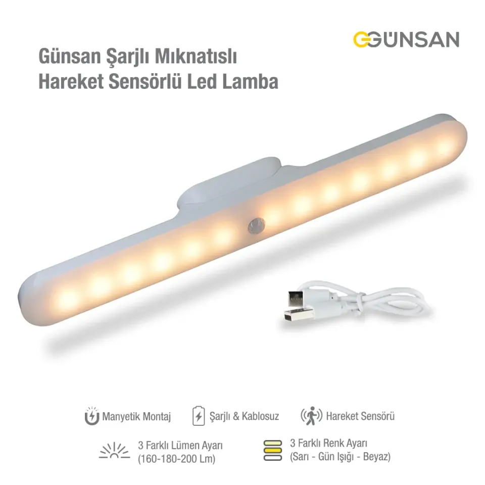 Günsan Şarjlı Mıknatıslı Hareket Sensörlü Led Lamba - Dolap İçi, Mutfak, Kitaplık, Tezgah Altı Aydınlatma - 3 Renk Modu - Dim Edilebilir - Işık Hafızalı