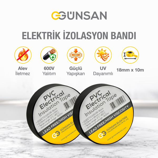 Günsan 2'li Elektrik İzolasyon Bandı - 18mm x 10 Metre - Güçlü Yapışkanlı - UV ve Neme Dayanıklı - Alev İletmez - 600V PVC İzole Elektrik Bandı  - Siyah (2 Adet)