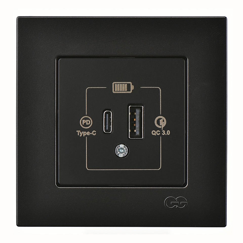 Günsan Eqona Metalik Siyah Şarj Prizi 20W QC3.0 PD Type-C + USB Çift Çıkışlı