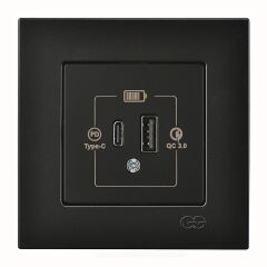 Günsan Eqona Metalik Siyah Şarj Prizi 20W QC3.0 PD Type-C + USB Çift Çıkışlı