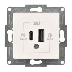 Günsan Eqona Fildişi Beyaz Şarj Prizi 20W QC3.0 PD Type-C + USB Çift Çıkışlı Mekanizma