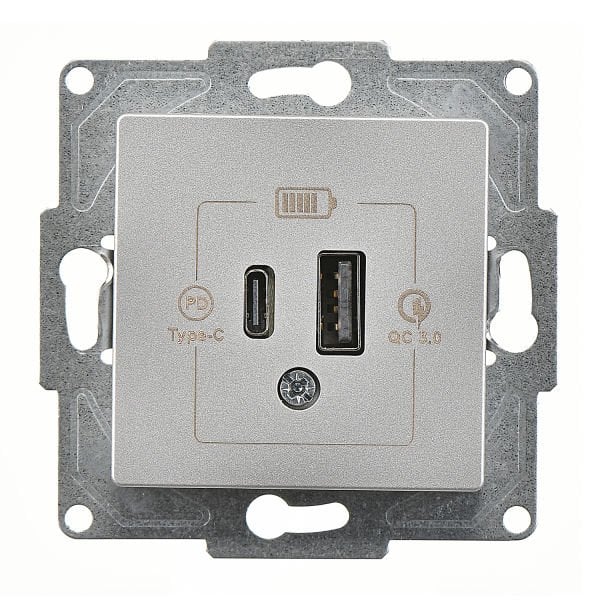 Günsan Eqona Gümüş 2 Çıkışlı USB Şarj Prizi 20W Type A + Type C Mekanizma