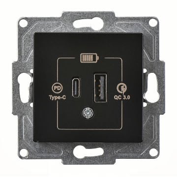 Günsan Eqona Metalik Siyah 2 Çıkışlı USB Şarj Prizi 20W Type A + Type C Mekanizma